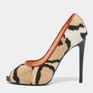 Pre Owned Giuseppe Zanotti Multicolor Leopard Print Calf Hair Peep Toe Pumps Size 38