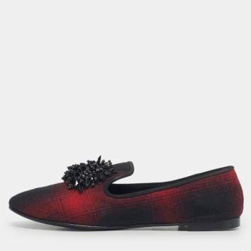 Pre Owned Giuseppe Zanotti Black/Red Fabric Leather Crystal Embellished Loafers Size 38