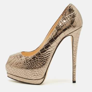 Pre Owned Giuseppe Zanotti Gold Croc Embossed Leather Peep Toe Platform Pumps Size 39