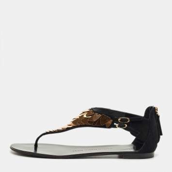 Pre Owned Giuseppe Zanotti Black Suede Crystal Embellished Thong Flats Size 40