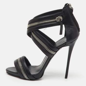 Pre Owned Giuseppe Zanotti Black Leather Zipper Ankle Strap Sandals Size 38