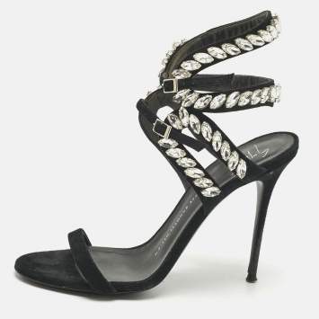 Pre Owned Giuseppe Zanotti Black Suede Crystal Embellished  Ankle Strap Sandals Size 39
