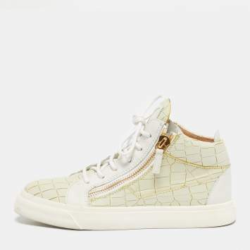 Pre Owned Giuseppe Zanotti Cream/White Croc Embossed and Leather High Top Sneakers Size 38