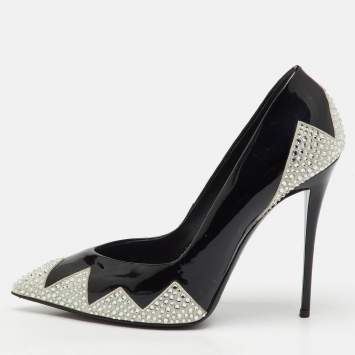 Pre Owned Giuseppe Zanotti Black Patent Leather and Suede Crystal Embellished Pointed Toe Pumps Size 38