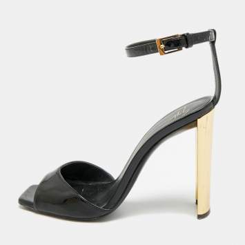 Pre Owned Giuseppe Zanotti Size 36 Black/Gold Patent Leather Ankle Strap Sandals