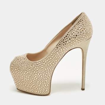 مملوكة مسبقًا Giuseppe Zanotti Size 38.5 Beige Suede Crystal Embellished Liza Peep Toe Pumps