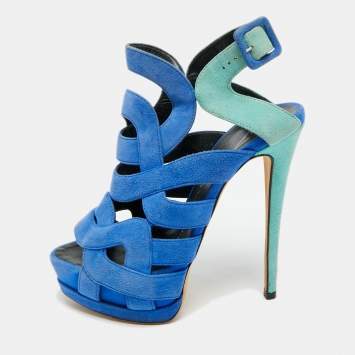 Pre Owned Giuseppe Zanotti Size 36.5 Two Tone Suede Cutout Caged Platform  Ankle Strap Sandals