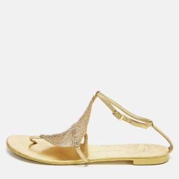 Pre Owned Giuseppe Zanotti Size 39 Gold Crystals and Leather Thong Ankle Strap Flats