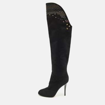 Pre Owned Giuseppe Zanotti  Size 39 Black Suede Crystal Embellished Knee Length Boots