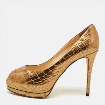 Pre Owned Giuseppe Zanotti Size 40 Gold Croc Embossed Leather Peep Toe Platform Pumps