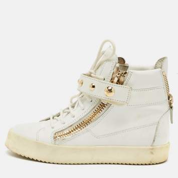 مملوكة مسبقًا Giuseppe Zanotti Coby Size 37.5 White Leather Double Zip High Top Sneakers