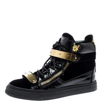 Pre Owned Giuseppe Zanotti Navy Blue/Black Velvet and Leather Coby High Top Sneakers Size 36