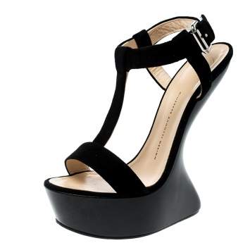 Pre Owned Giuseppe Zanotti Black Suede T Strap Platform Heel Less Wedge Sandals Size 40