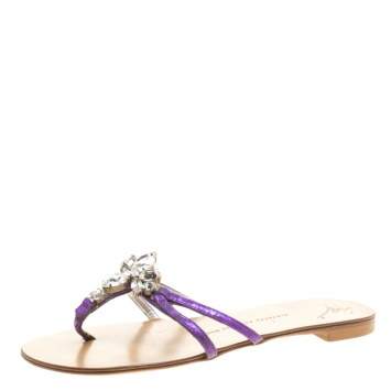 Pre Owned Giuseppe Zanotti Purple Leather Crystal Embellished Flat Sandals Size 36
