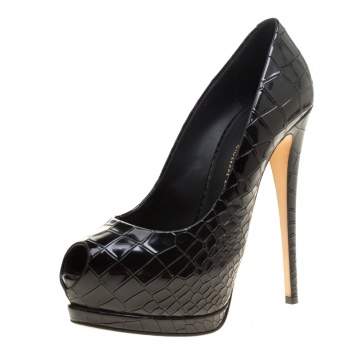 Pre Owned Giuseppe Zanotti Black Patent Croc Embossed Leather Sharon Platform Peep Toe Pumps Size 39