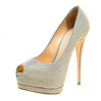 Pre Owned  Giuseppe Zanotti Denim Blue Embellished Canvas Sharon Peep Toe Platform Pumps Size 38
