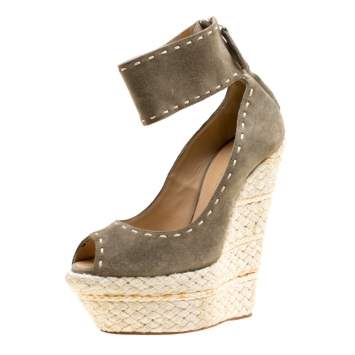 مملوكة مسبقًا Giuseppe Zanotti Olive Green Suede Espadrille Wedge Ankle Strap Peep Toe Pumps Size 37