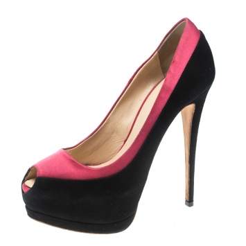 Pre Owned Giuseppe Zanotti Black/Pink Suede and Satin Peep Toe Platform Pumps Size 38
