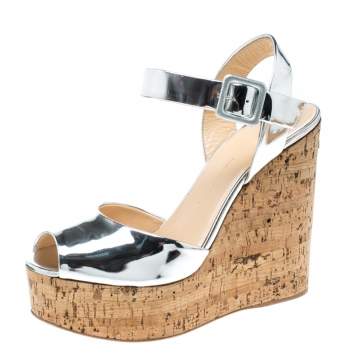 Pre Owned Giuseppe Zanotti Silver Patent Leather Cork Platform Wedge Sandals Size 37.5