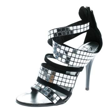 Pre Owned Giuseppe Zanotti Black Suede Mirror Strappy Sandals Size 36.5