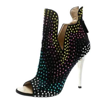 مملوكة مسبقًا Giuseppe Zanotti Black Multicolor Crystal Embellished Suede Ankle Booties Size 39