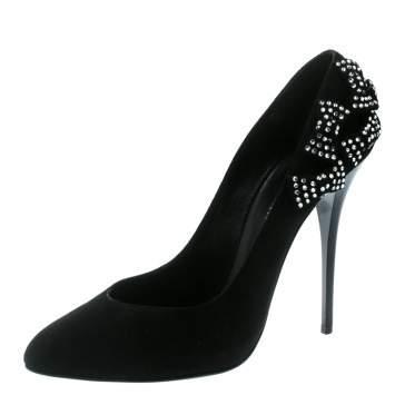 Pre Owned Giuseppe Zanotti Black Crystal Bow Embellished Suede Pumps Size 40