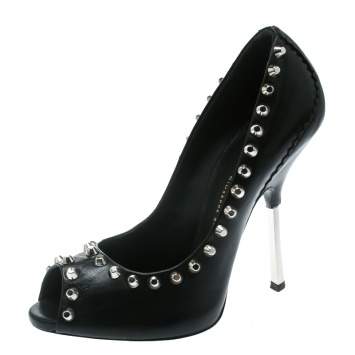 Pre Owned Giuseppe Zanotti Black Leather Stud Trim Peep Toe Pumps Size 38
