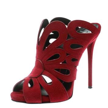 Pre Owned Giuseppe Zanotti Red Cutout Suede Peep Toe Mules Size 35