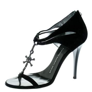 Pre Owned Giuseppe Zanotti Black Suede Skull Embellished T Strap Sandals Size 38
