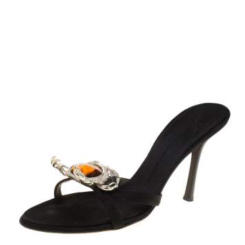 Pre Owned Giuseppe Zanotti Black Satin Crystal Crab Embellished Strappy Slides Size 41