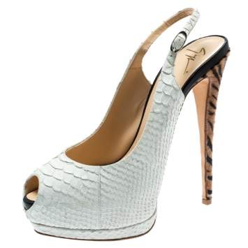 Pre Owned Giuseppe Zanotti White Python Embossed Leather Peep Toe Platform Slingback Sandals Size 40