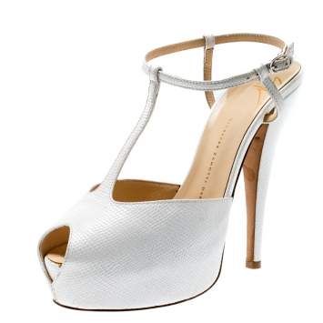 Pre Owned Giuseppe Zanotti White Lizard Embossed Leather T-Strap Platform Peep Toe Sandals Size 39.5