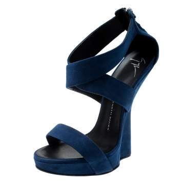 Pre Owned Giuseppe Zanotti Electric Blue Suede Cross Strap Heelless Platform Sandals Size 40.5
