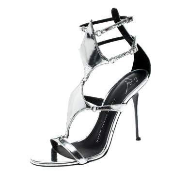 Pre Owned Giuseppe Zanotti Metallic Silver Leather Strappy Sandals Size 38