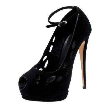 مملوكة مسبقًا Giuseppe Zanotti Black Suede Cut Out Detail Peep Toe Ankle Strap Platform Pumps Size 38
