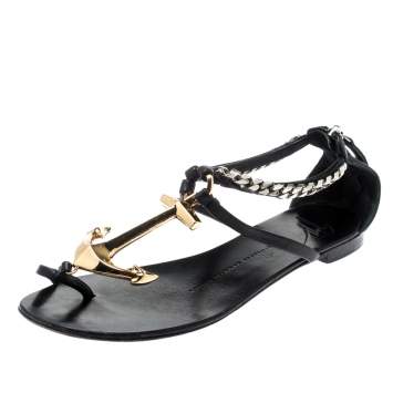 Pre Owned Giuseppe Zanotti Black Leather Gold Anchor Strap Flat Sandals Size 37