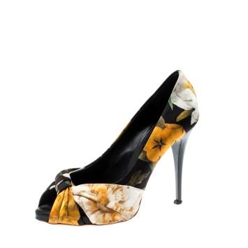 مملوكة مسبقًا Giuseppe Zanotti Printed Satin Bow Detail Peep Toe Pumps Size 38