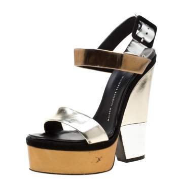 Pre Owned Giuseppe Zanotti Metallic Gold And Silver Leather Platform Wedge Strappy Sandals Size 40