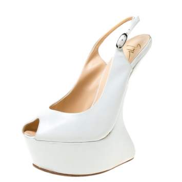 Pre Owned Giuseppe Zanotti White Leather Slingback Heel Less Peep Toe Platform Sandals Size 38.5