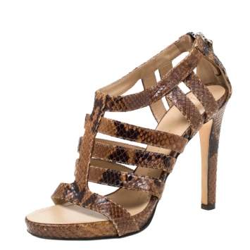 Pre Owned Giuseppe Zanotti Brown Python Embossed Leather Strappy Sandals Size 37.5