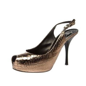Pre Owned Giuseppe Zannotti Metallic Python Embossed Leather Peep Toe Platform Slingback Sandals Size 38