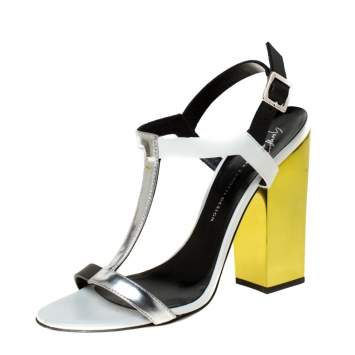 Pre Owned Giuseppe Zanotti Tricolor Metallic Leather Ankle Strap Block Heel Sandals Size 36.5