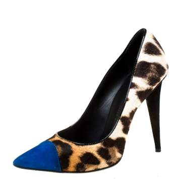 Pre Owned  Giuseppe Zanotti Multicolor Leopard Print Pony hair And Blue Suede Pointed Toe Pumps Size 37.5