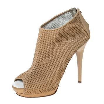 Pre Owned Giuseppe Zanotti Beige Leather Cut Out Peep Toe Ankle Booties Size 37.5