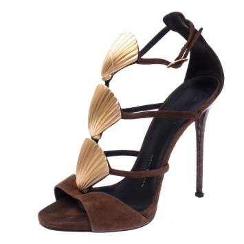 Pre Owned Giuseppe Zanotti Suede Leather Embellished Seashell Strappy Sandals Size 38