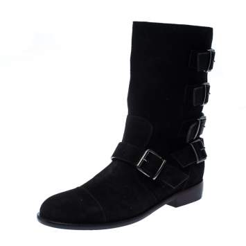 مملوكة مسبقًا Giuseppe Zanotti Black Suede Leather Buckle Ankle Boots Size 38