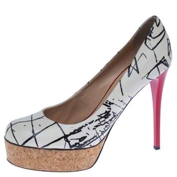 Pre Owned Giuseppe Zanotti White Printed Leather Cork Platform Pumps Size 38.5
