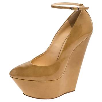 Pre Owned Giuseppe Zanotti Tan Patent Leather Ankle Strap Platform Wedge Pumps Size 36