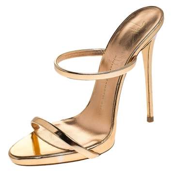 Pre Owned Giuseppe Zanotti Metallic Rose Gold Leather Open Toe Slides Size 38