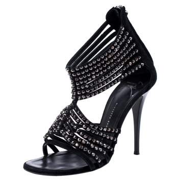 Pre Owned Giuseppe Zanotti Black Suede Embellished Strappy Sandals Size 36.5